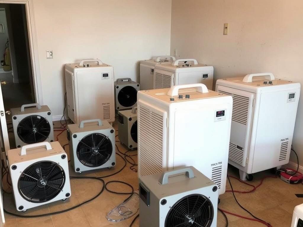 Industrial air movers and dehumidifiers drying water damaged Tucson property
